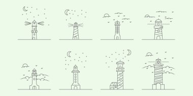 Deniz feneri klasik logo minimalist çizgi çizim tasarımı kıyı şeridinden ayarlayın