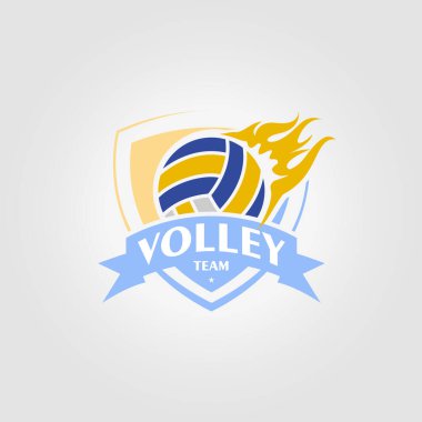 Ateş ikonlu voleybol logosu amblemi, akademi yaylım ateşi tasarımının illüstrasyon vektörü