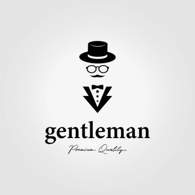 Şapka ve gözlüklü resmi takım elbiseli beyefendi logosu, retro giyim tarzı tasarım illüstrasyonu.