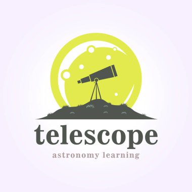 Tepedeki teleskop logosu süper ay arkaplanlı, uzay astronomisi klasik vektör ikonu tasarım illüstrasyon tasarımı