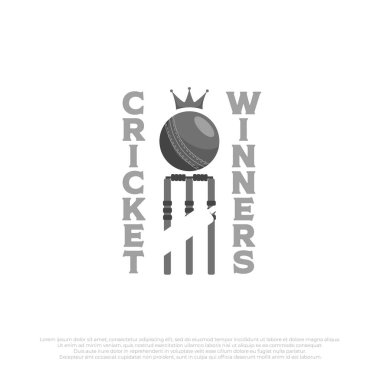Kriket şampiyonu logo şablonu ve taç. Kriket topu ve yarasa düz ikon vektör tasarımı