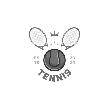 Tenis topu elemanı logo şablonu ve çift raket vintage vektör illüstrasyon tasarımı