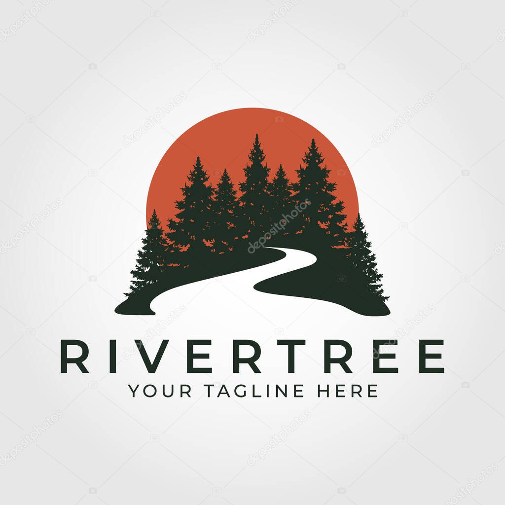 Evergreen pine trees and river with sunset background vector logo design