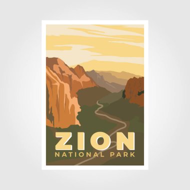 Zion Ulusal Parkı poster çizimi, kanyon ve nehir posteri