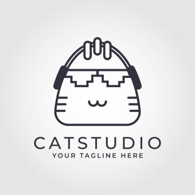 Cat Stüdyoları podcast logo vektör tasarımı. Vektör siyah minimal kedi başı logo element tasarım şablonu.