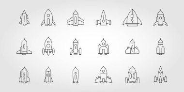 Roket simgeleri ayarlandı. Uzay gemisi fırlatma ikonu koleksiyonu. Roket basit simge çizgisi sanat biçimi