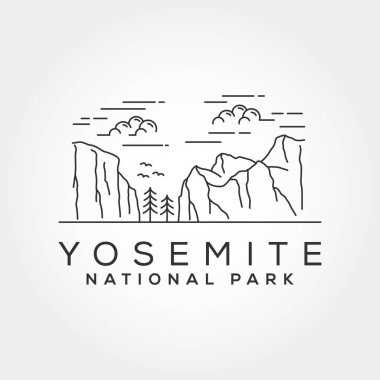 Yosemite Ulusal Park Çizgisi Sanat Logosu Vektör Çizimi Tasarımı.