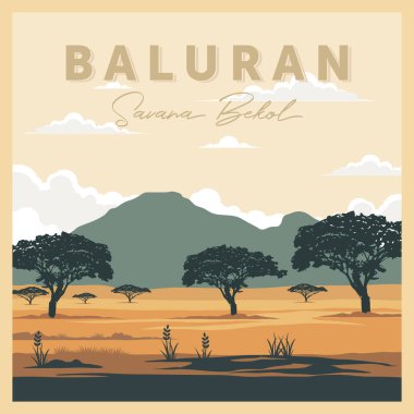 Baluran Ulusal Parkı Endonezya Seyahat Posteri Vektör İllüstrasyonu.
