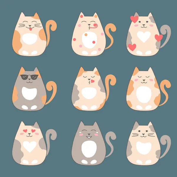 收集有积极情绪的卡通猫 可爱的宠物集合 具有不同情绪 情感和面部表情的人物 简单风格的动物学矢量图解 — 图库矢量图片
