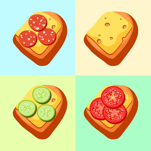 Collection Délicieux Sandwichs Fromage Avec Tomate Fraîche Concombre Saucisse Illustration — Image vectorielle