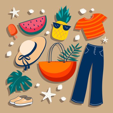 Çizgi film seti yaz plajı şeyleri. Meyveler, yapraklar, kabuklar ve kumdaki deniz yıldızları. Seyahat halindeki ruh hali çizimi. Mevsimlik yiyecek, giyecek ve sembol koleksiyonu.