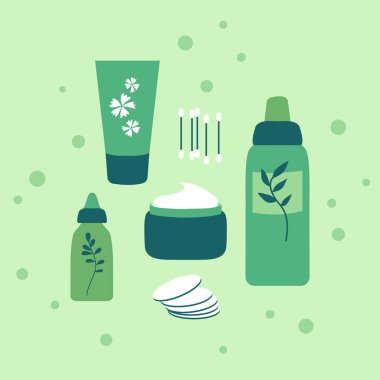 Vücut bakımı ve hijyen için ped, sopa, tüp ve şişe seti. Basit düz tasarımlı yeşil paketli kozmetik ürünler. Günlük cilt bakımı ve temizliği için banyo aksesuarları.
