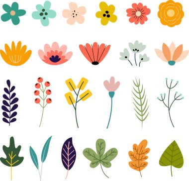Çiçekler, yapraklar ve dallar vektör illüstrasyonunu ayarlar