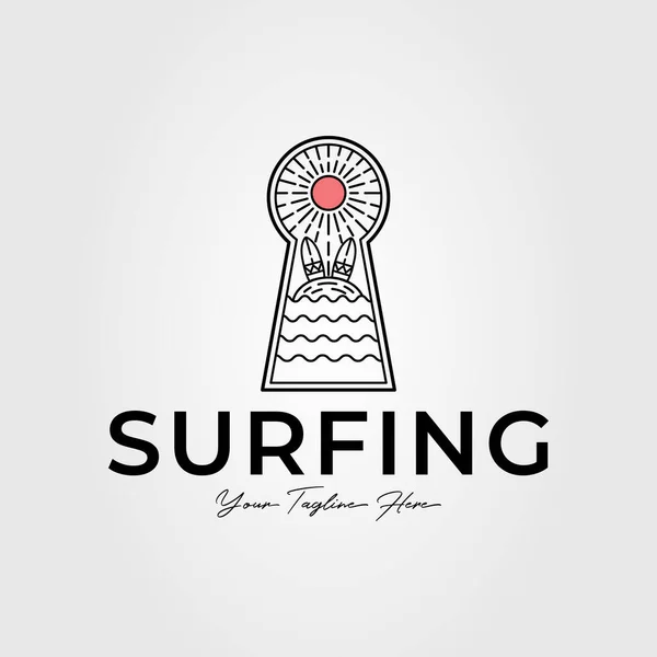 Surfing Στο Τοπίο Των Ωκεανών Λογότυπο Κλειδαρότρυπα Σχεδιασμό Εικονογράφηση Φορέα — Διανυσματικό Αρχείο