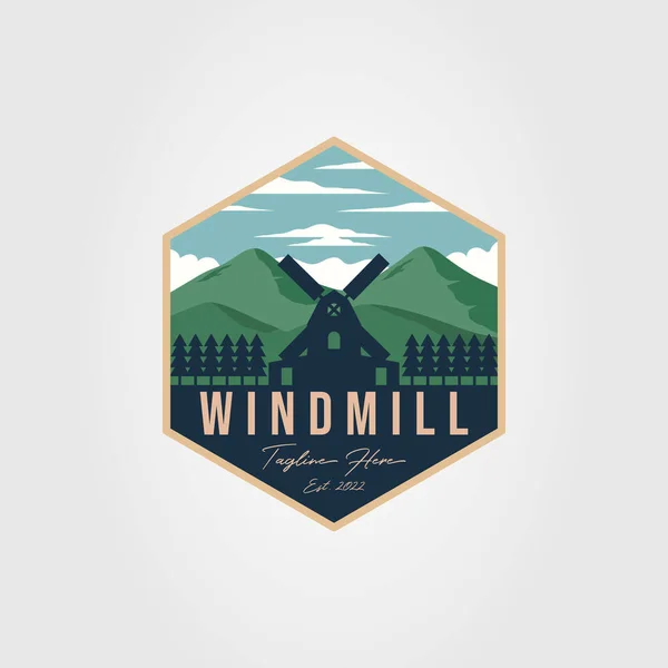 Windmühlengebäude Mit Gebirgslandschaft Logo Vektor Illustration Design — Stockvektor