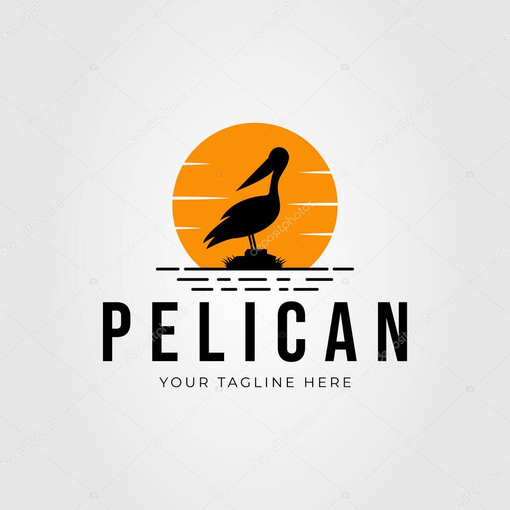 Silhouette pelican bird logo or perching heron icon vector illustration design
