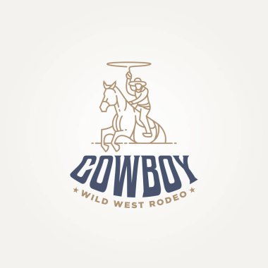 Minimalist kovboy vahşi batı rodeo hattı sanat simgesi logo tasarımı vektör illüstrasyon tasarımı. Basit bir modern Amerikan kovboyu ata biniyor ve kementle logo fırlatıyor.