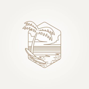 Retro monolin sörfü plaj çizgisi sanat simgesi logo tasarımı vektör çizimi tasarımı. Basit modern sörf kulübü, sörf tişörtü ya da amblem logosu konsepti