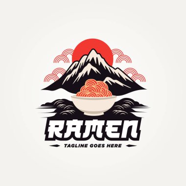 Japon erişteli ramen logosu vektör illüstrasyon tasarımı. Fuji dağ logosu logo konseptli basit bir Japon ramen çorbası.