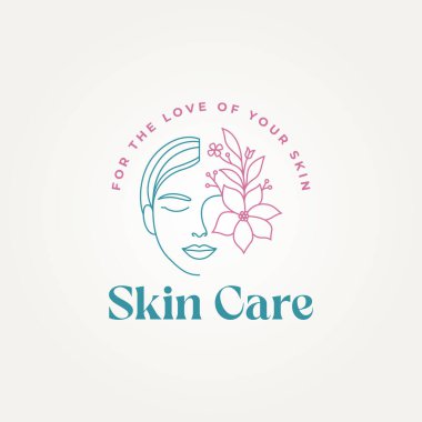 Minimalist güzel kadın yüzü çiçek çizgisi çizili sanat etiketi çizim çizimi çizimi illüstrasyon tasarımı. Basit modern güzellik salonu, masaj, spa, kozmetik logosu