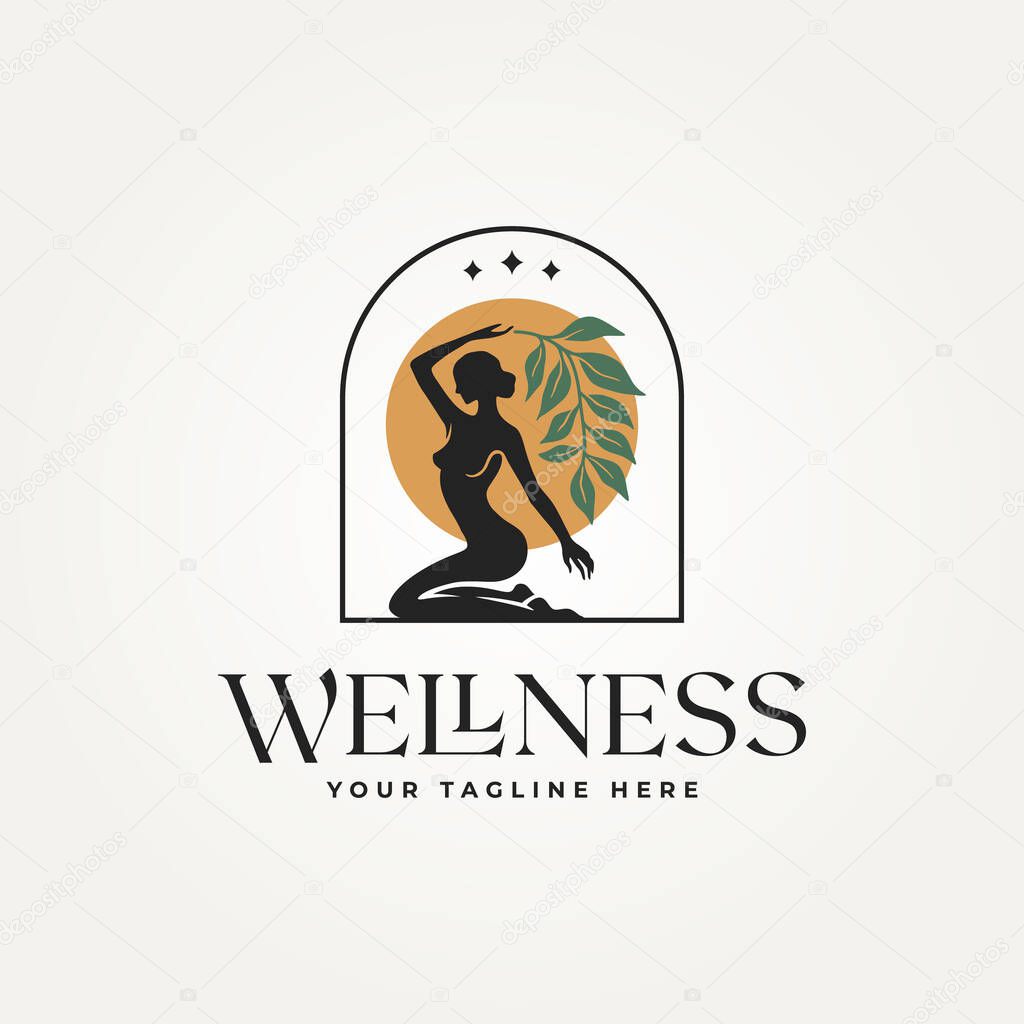 Silhouette exotic female with plant leaves wellness badge icon logo vector illustration design. classic vintage boho sacred magic woman mystical logo concept