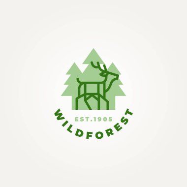 Orman hattındaki minimalist yaban hayatı geyiği. Sanat simgesi logo vektör çizimi tasarımı. Basit modern avcılık, macera, tatil logosu kavramı