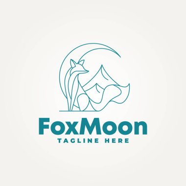 minimalist sitting fox with crescent moon and mountains line art icon logo vector illustration design. simple modern logo suitable for branding a business clipart