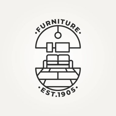 Oturma odasındaki minimalist kanepe mobilyaları. Sanat rozeti simgesi logo vektör çizimi tasarımı. Basit modern ev dekorasyonu amblem logosu kavramı