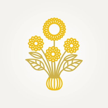 Minimalist, bir vazo çizgisi sanat simgesi logo illüstrasyon tasarımında güzel ayçiçekleri izole etti