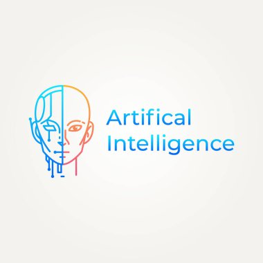 Minimalist akıllı insansı yarı robot insan çizgisi sanat simgesi logo vektör çizimi tasarımı. Basit modern yapay zeka robot teknolojisi logosu