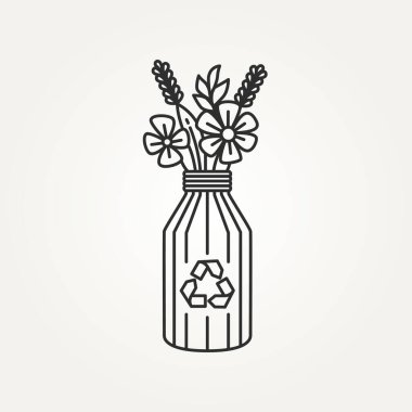 Çiçekli minimalist izole şişe ve geri dönüşüm sembolü logo illüstrasyon tasarımı