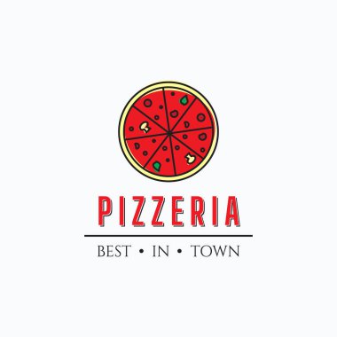 Pizzeria basit logo vektör çizimi. Pizza salonu logosu için pizza illüstrasyonu.