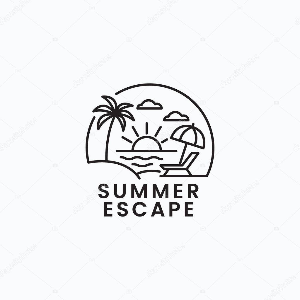Vector logo design featuring a minimalist summer beach scene. Includes palm tree, sun, ocean waves, umbrella, and lounge chair. Perfect for travel, vacation, summer event branding, or tropical-themed businesses.