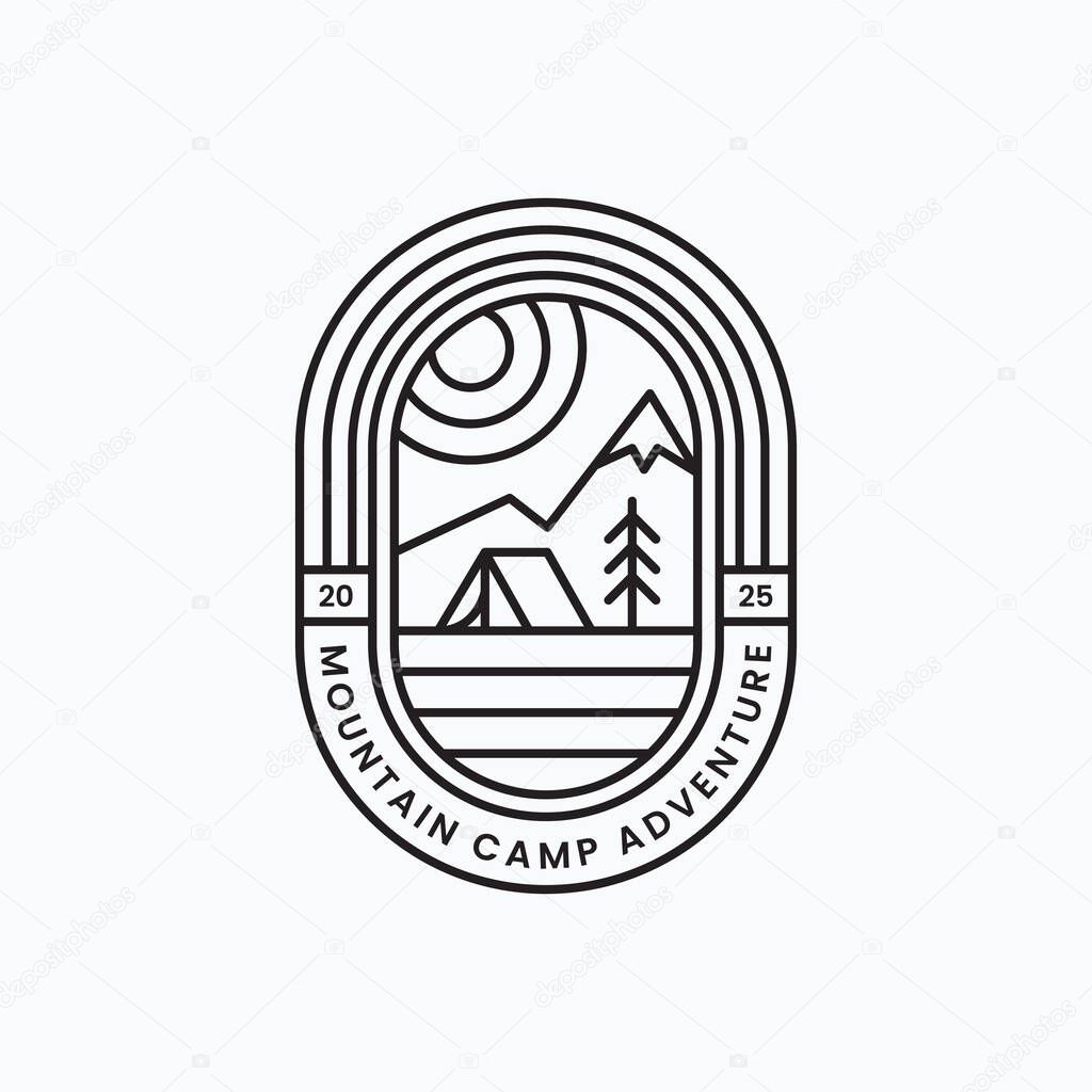 Minimalist line art mountain camp adventure logo vector illustration design. Simple outdoor, travel, and adventure logo concept.