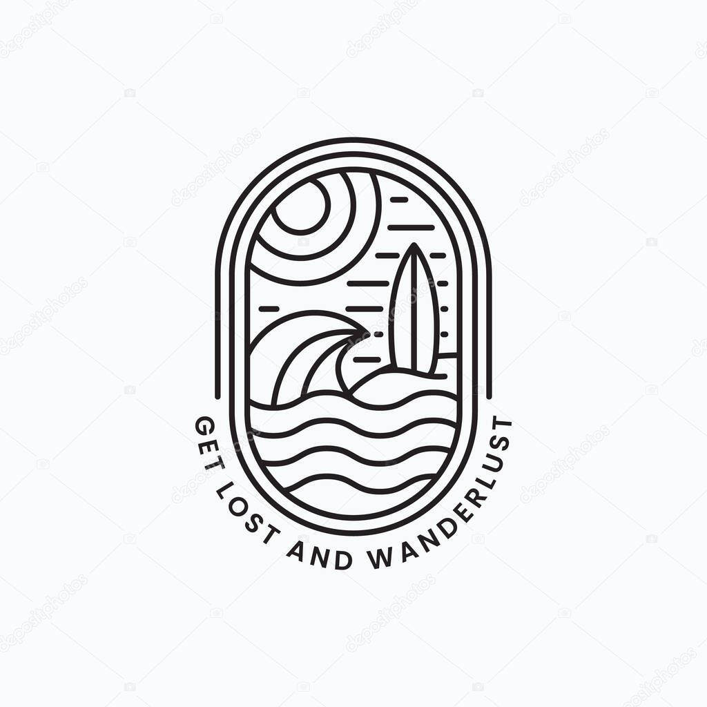 Minimalist line art surfing board and wave logo vector illustration design. Simple monoline logo for summer adventure travel.