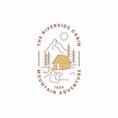 Nehir kenarındaki dağ macerasının tasarımı. Vintage seyahat posterleri, retrotemalı web siteleri ve kır evi dekorasyonu için mükemmel..