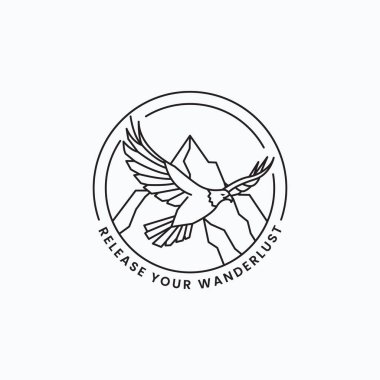 Minimalist çizgi sanat kartalı dağ logosu çizimi çizimi üzerinde süzülüyor. Basit seyahat macera logosu kavramı.
