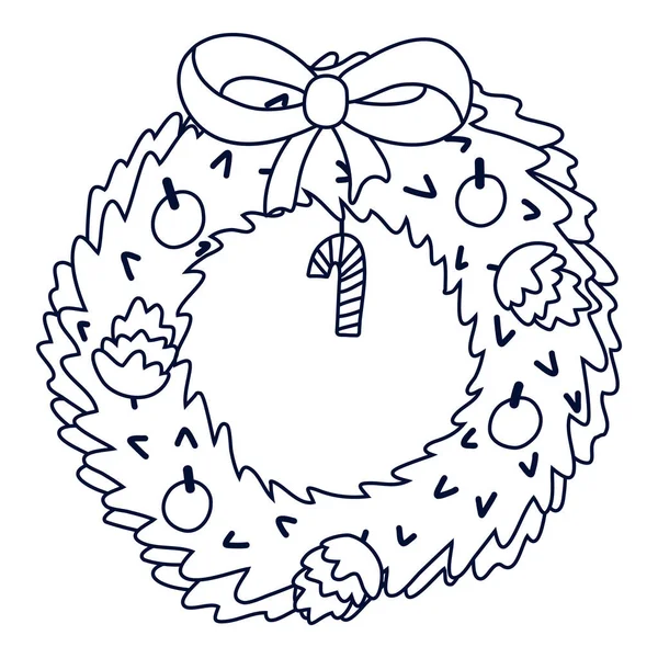 可爱的圣诞花环 圣诞前夕和新年的传统装饰 用红丝带 糖果棒 球果和圣诞玩具做的蝴蝶结装饰的松柏花环 手绘隔离病媒涂鸦 — 图库矢量图片