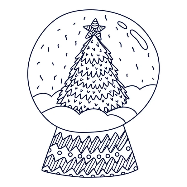 Mignon Globe Neige Dessiné Main Avec Arbre Noël Avec Étoile — Image vectorielle