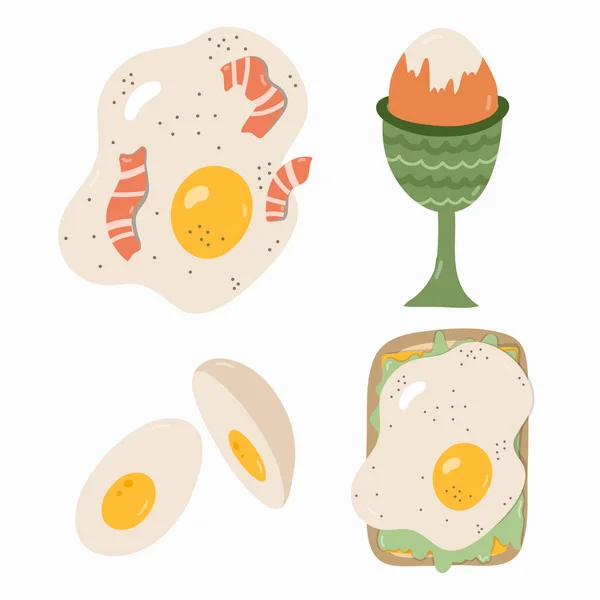 Cute set of food for breakfast. Different variations of egg: boiled and cut, raw, fried with bacon, on toast. Vegetarian food, Healthy product. Tasty meal. Hand drawn clipart isolated on background.