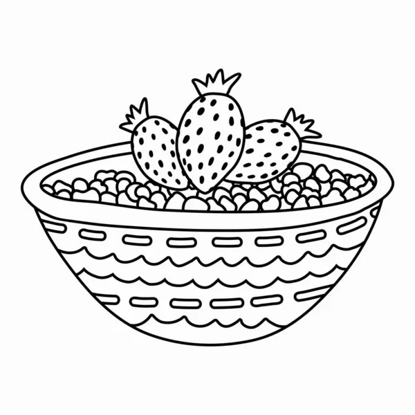 かわいい装飾されたセラミックボウルにイチゴとオートミール粥や米 季節の果物と伝統的な英語の朝食 ベジタリアンやビーガンフード 流行の素朴なスタイルで人形 健康的な食事 — ストックベクタ