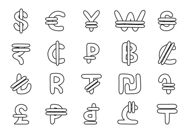 Set International Currency Symbols Cute Hand Drawn Vector Illustration Money — Stock Vector