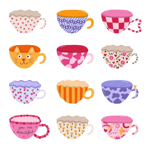 Cute Hand Drawn Set Handmade Ceramic Mugs Colorful Patterns Different — Stock Vector