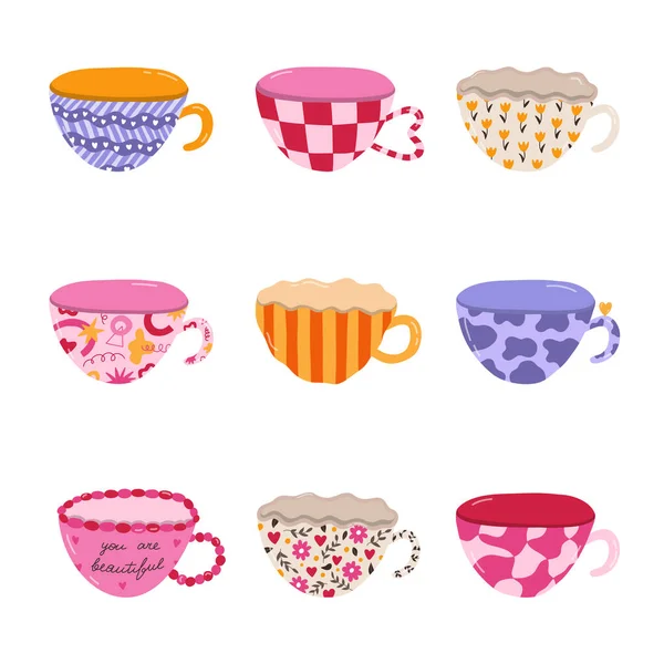 Cute Hand Drawn Set Handmade Ceramic Mugs Colorful Patterns Different — Stock Vector