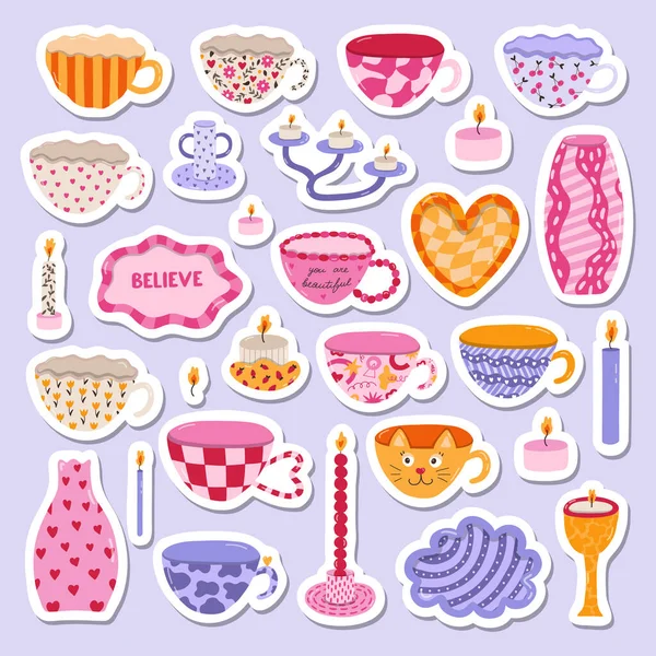 Set Stickers Ceramic Household Crockery Pottery Style 70S Hand Drawn — Stock Vector