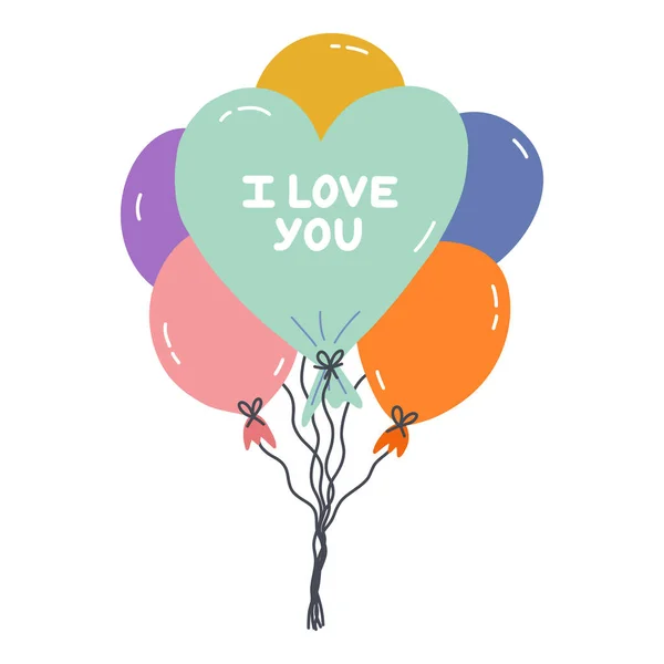Χαριτωμένο Χέρι Ζωγραφισμένα Δέσμη Μπαλόνια Μπαλόνι Στο Σχήμα Της Καρδιάς — Διανυσματικό Αρχείο