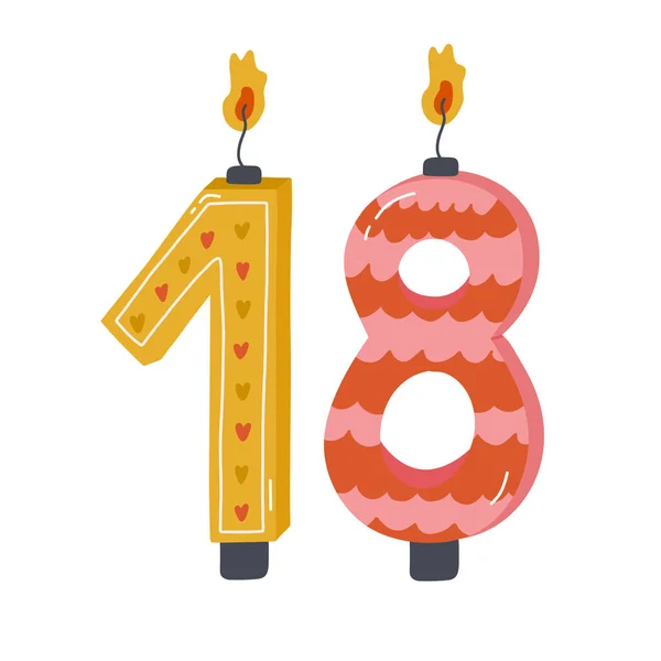 可爱的手绘生日蜡烛的数字与燃烧的火焰在丑闻的风格 庆祝生日 结婚18周年的节日蛋糕装饰 格式化病媒群 — 图库矢量图片