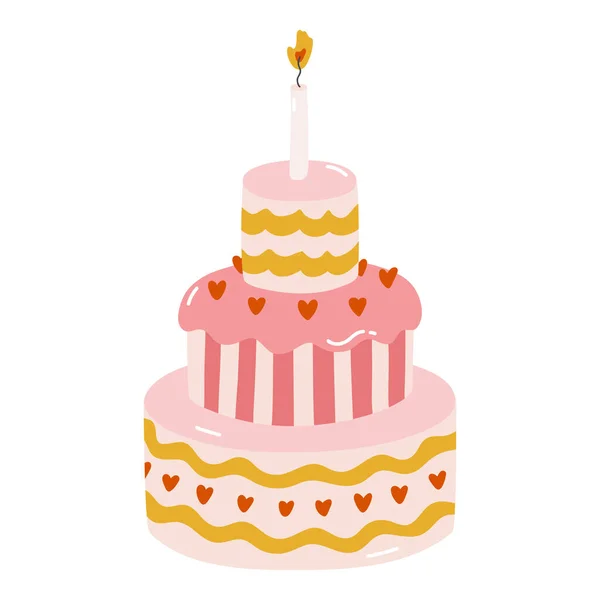 Cute Birthday Cake Burning Candles Dessert Celebration Anniversary Wedding Stylized — Stock Vector