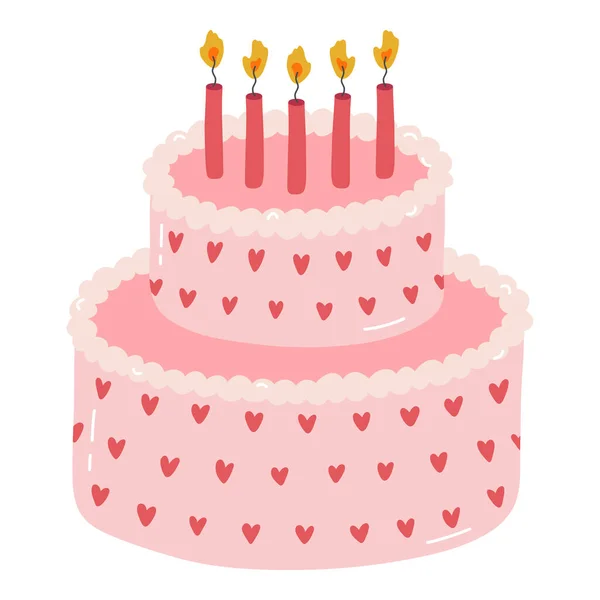 Cute Birthday Cake Burning Candles Dessert Celebration Anniversary Wedding Stylized — Stock Vector