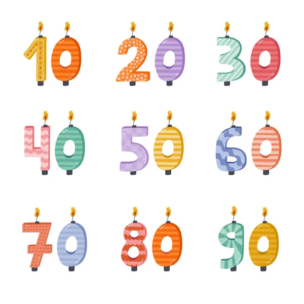 Cute Set Birthday Number Candles Burning Flames Scandinavian Style Decoration — Stock Vector
